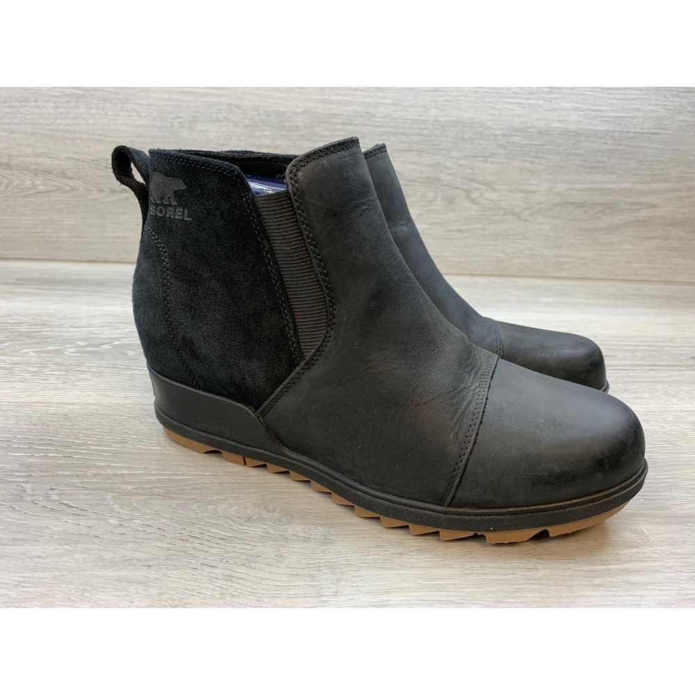 Sorel Evie Chelsea Black Leather Suede Wedge Ankle Boots Women's 9 Shoes